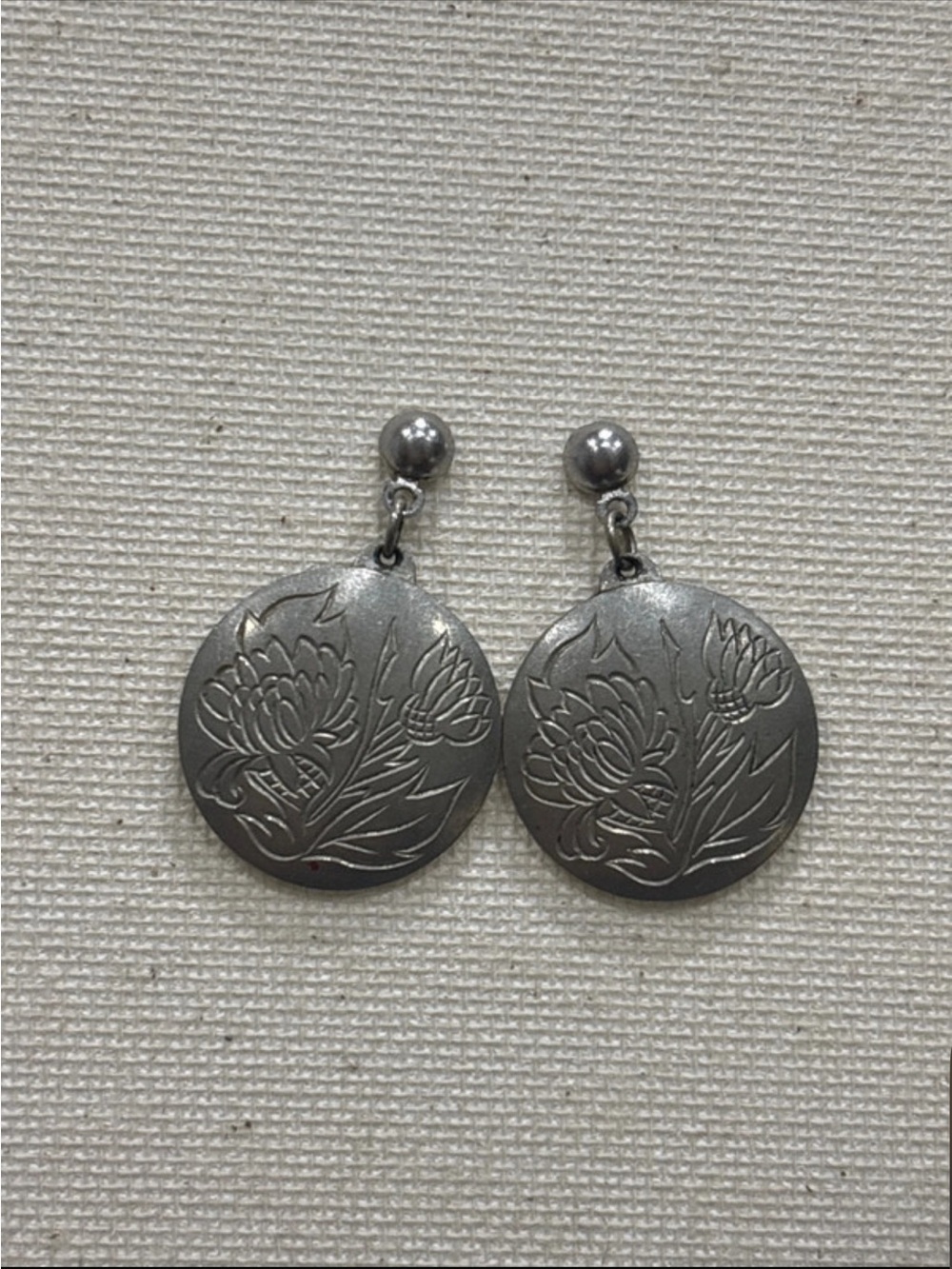 Silver Kirk Pewter Floral engraved Disc Drop Earrings